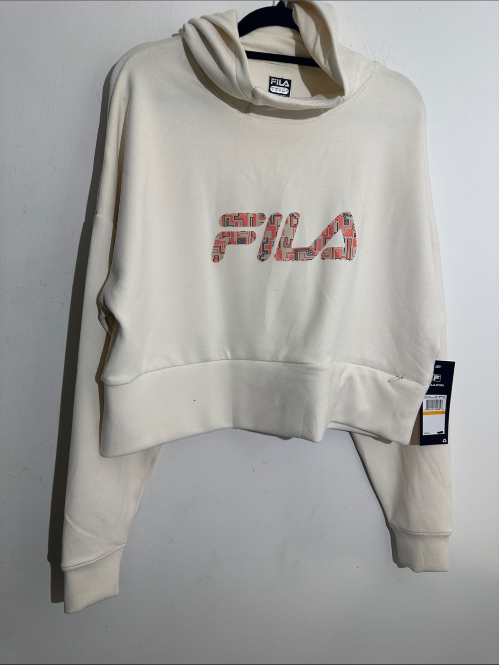 Fila Cream Cropped Hoodie with Pink Patterned Logo